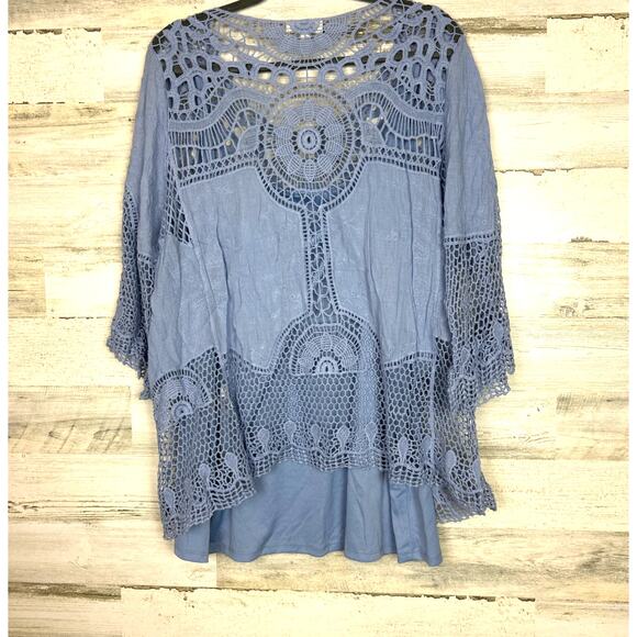 Adiva womens plus 1X light blue boho crochet 3/4 sleeve blouse top new - Picture 2 of 5